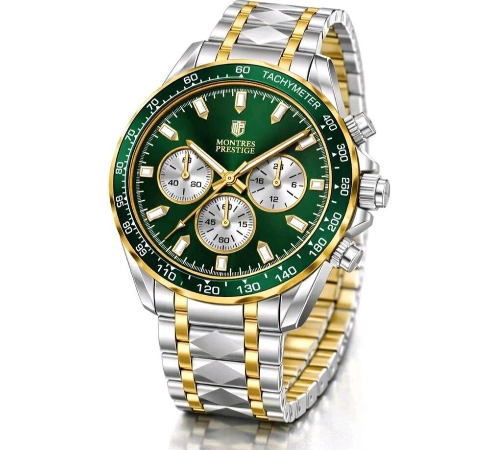 MPW-0346 Montres Prestige Quartz Chronograph Tachymeter Green Dial Two-Tone 46mm